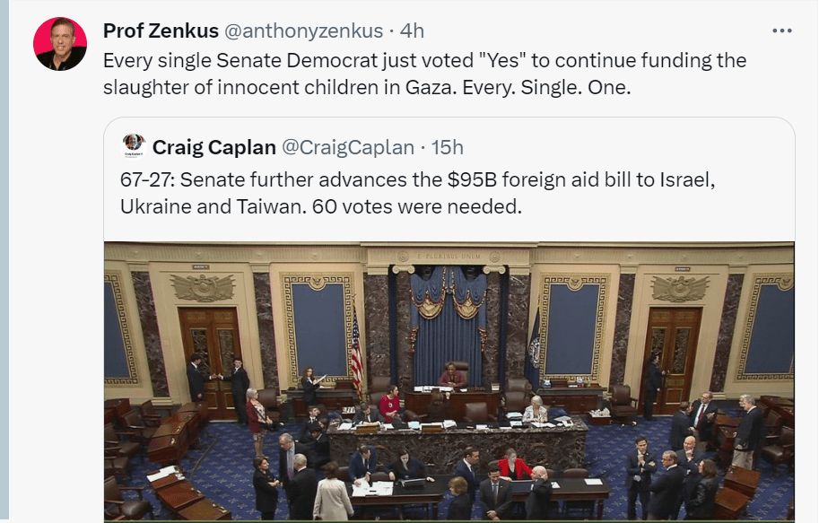Every senator voted for aid to Israel